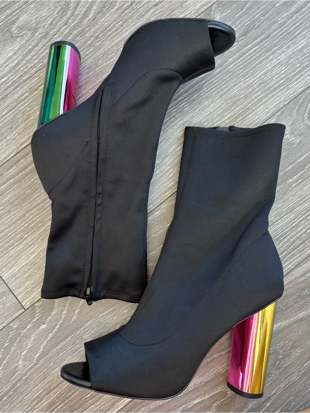 Aldo Black Peep-Toe Sock Boots with Iridescent Metallic Block Heel